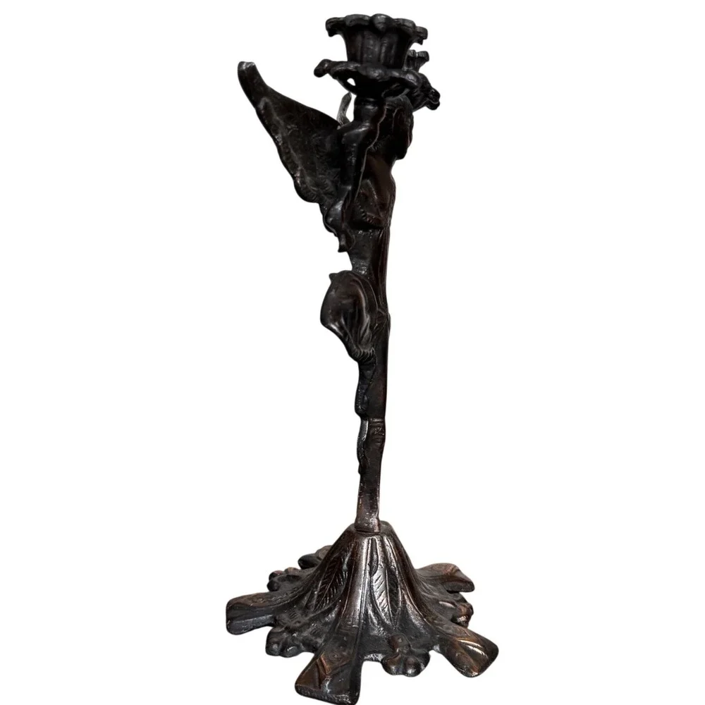 Vtg Winged Fairy Angel Candelabra Cast‎ Metal Double Taper Art Nouveau  Bronze